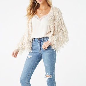Forever 21 Shaggy Fringe Cardigan Cream NWT